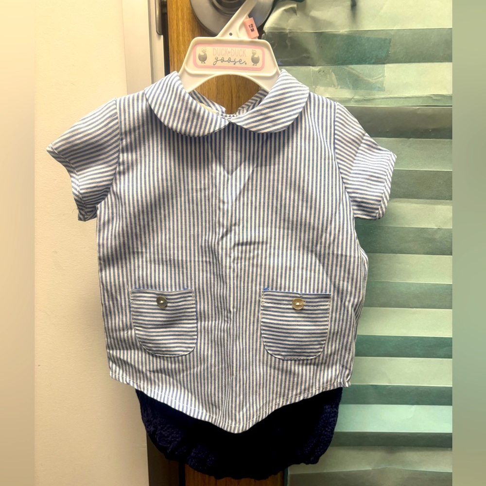 Grey Elephant like new blue stripe smocked top and bloomers 9 mo
